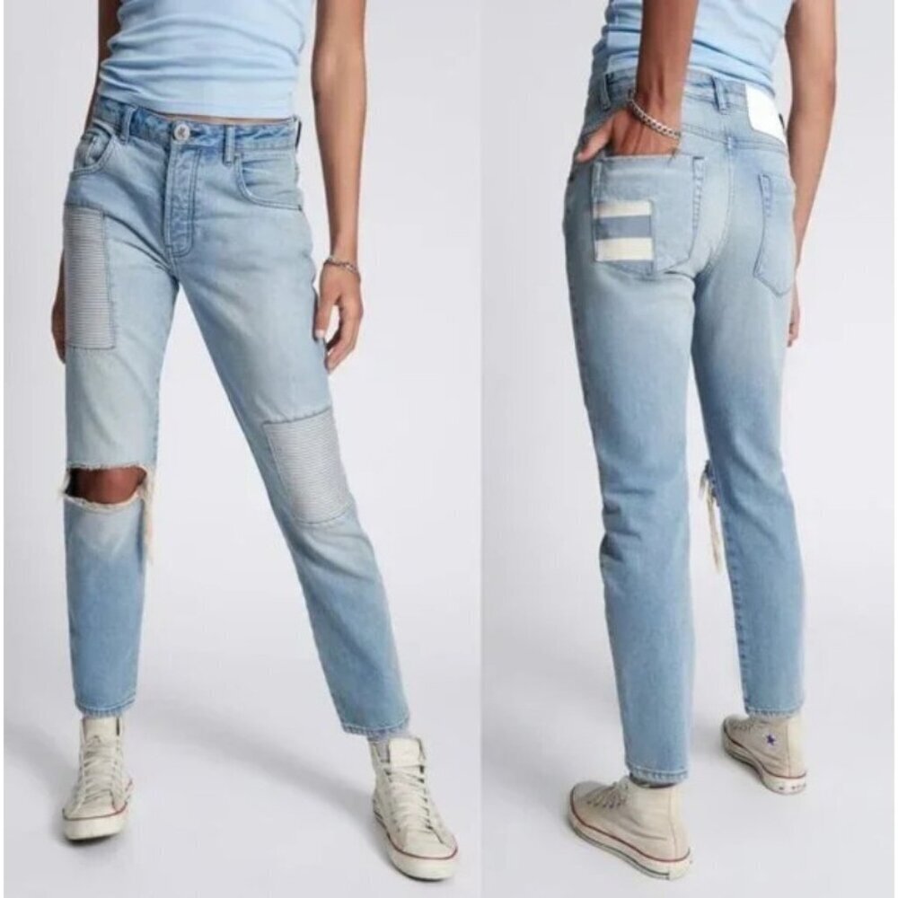 One teaspoon Blue Truckers Mid Waist Straight Leg Busted Knee Jeans Size 24